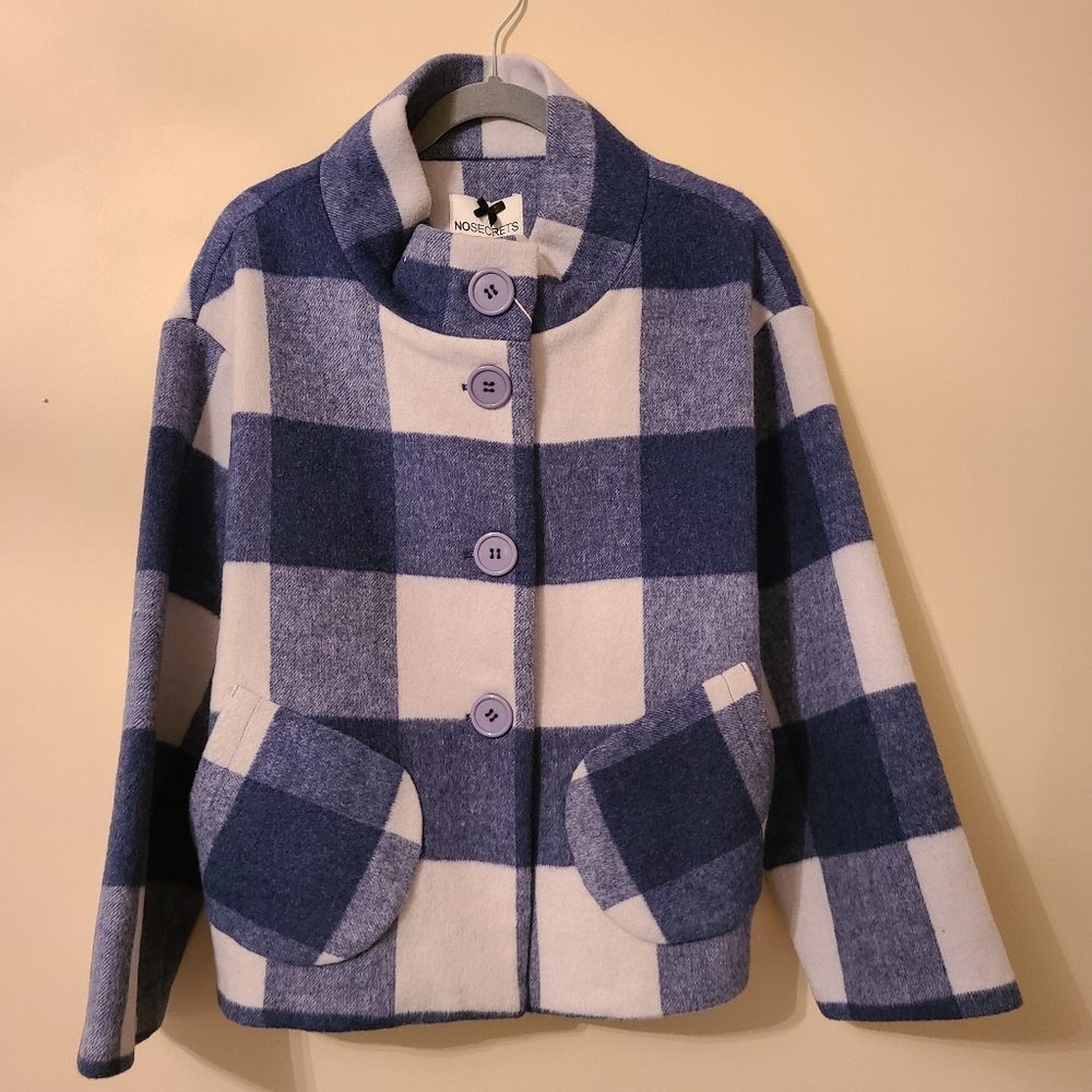 NO SECRETS Wool Blend Blue and White Plaid Coat
